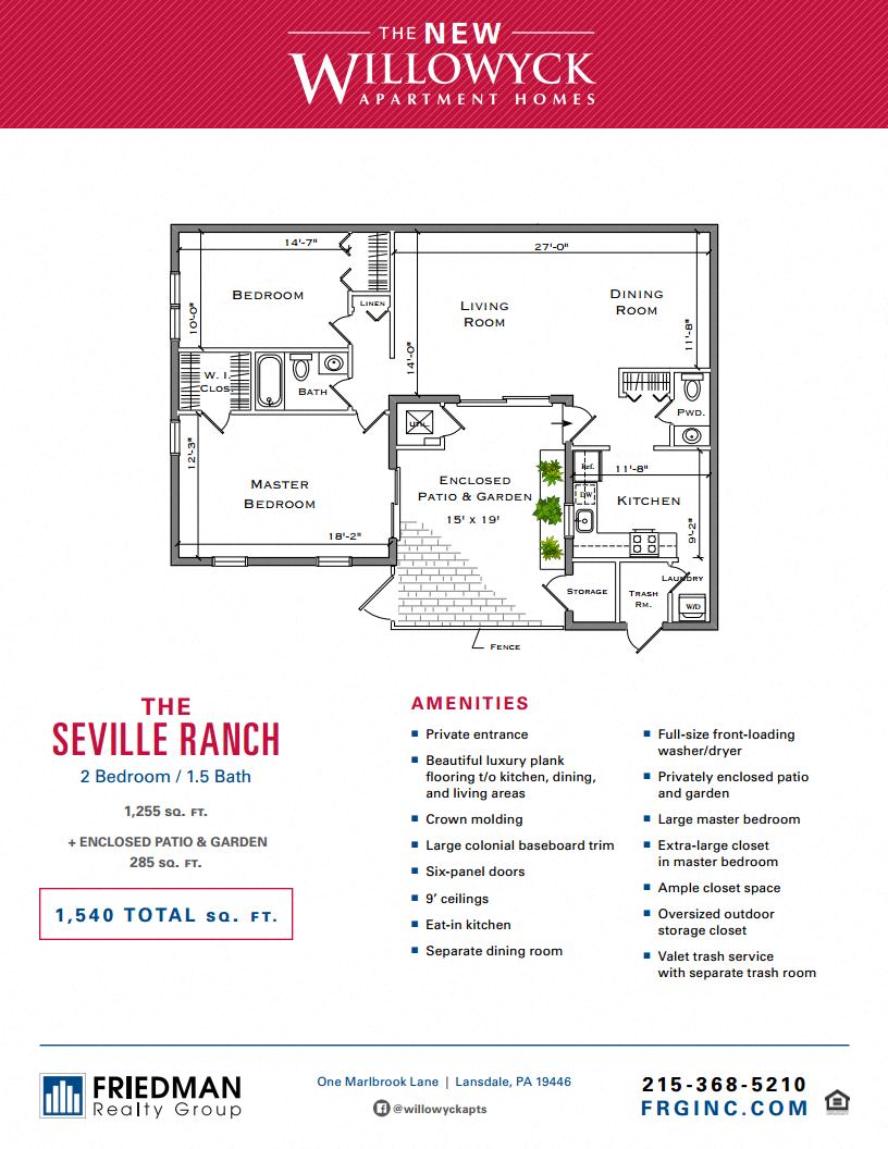Floor plan for 2 beds, 1.5 baths, 1255 sqft